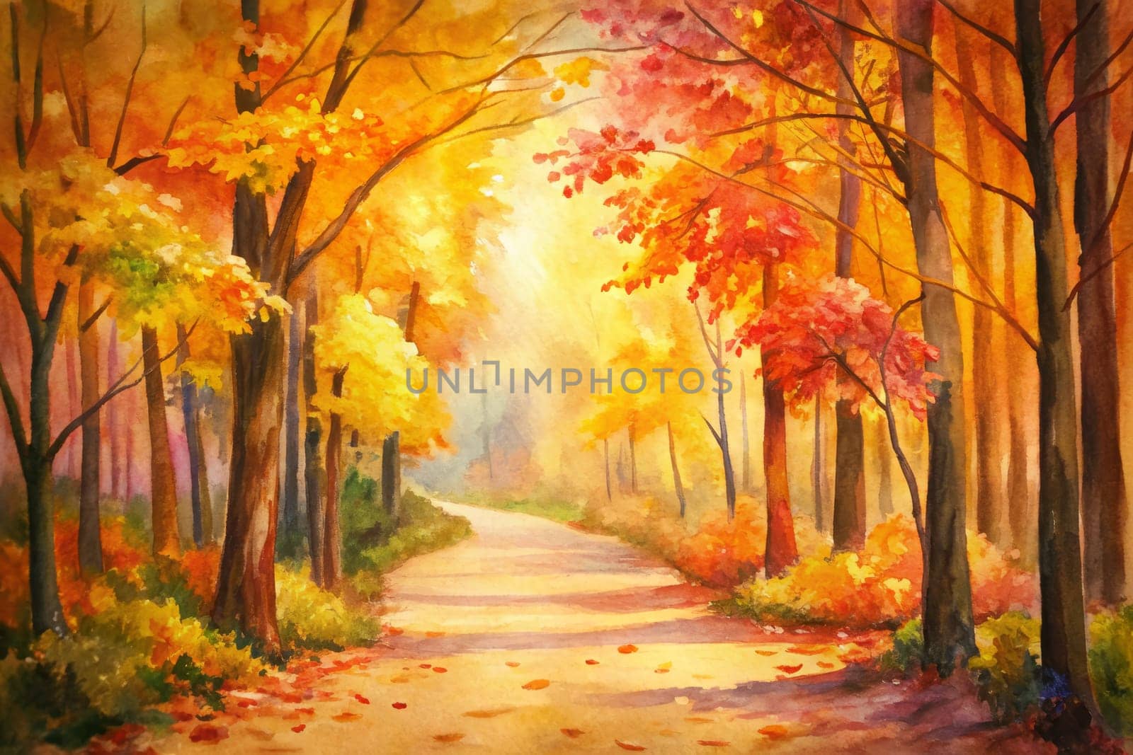 A watercolor painting depicting a winding path through a forest, with trees ablaze in vibrant hues of red, yellow, and orange. Sunlight filters through the leaves, casting long shadows on the path and illuminating the scene.