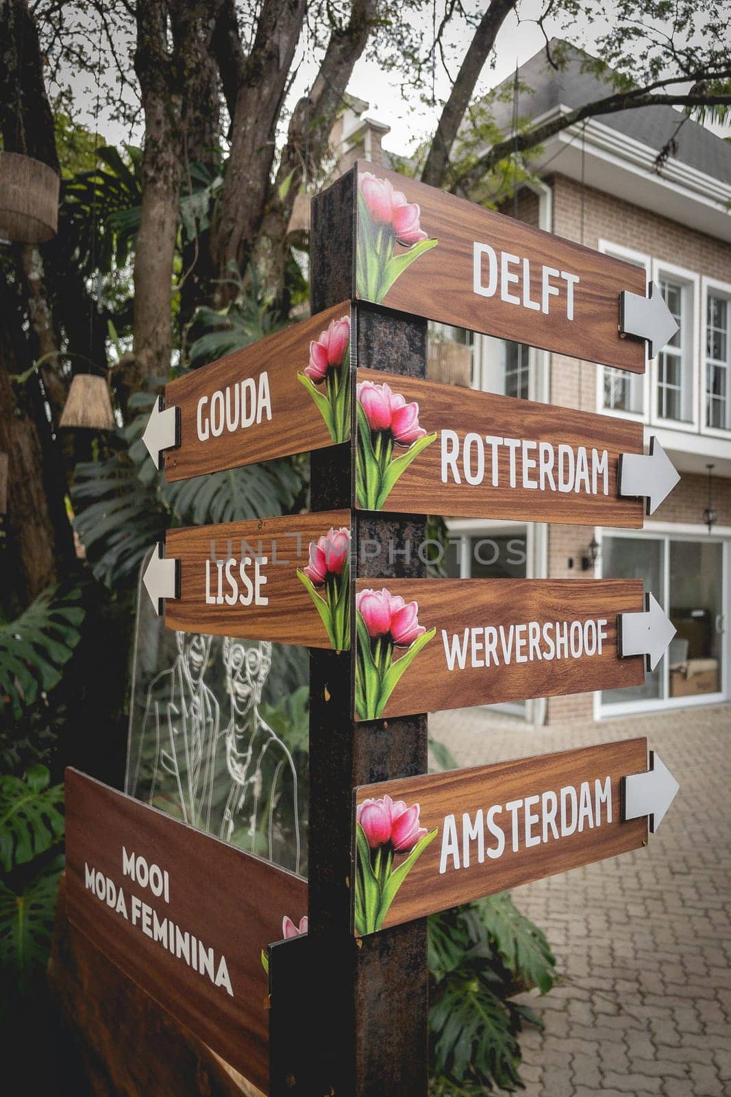 Signs with directions to Dutch Cities, in Holambra, São Paulo, Brazil. June 30, 2024.