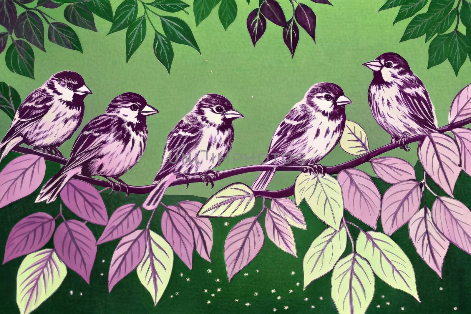 This vibrant illustration depicts a group of five purple sparrows perched on a branch surrounded by green leaves with a hint of pink. The sparrows are drawn with fine detail, their feathers blending into the surrounding foliage, creating a harmonious and captivating scene.