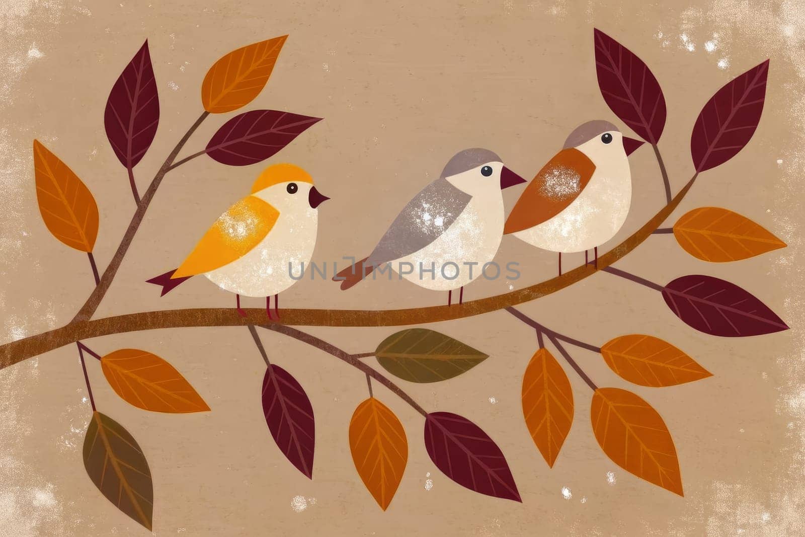 A digital illustration depicting four birds perched on a branch, surrounded by colorful autumn leaves. The birds are painted in a simple, stylized manner, with white bodies, brown wings, and orange accents. The leaves are in shades of orange, green, and purple, suggesting the changing season. The background is a light brown with scattered white dots.