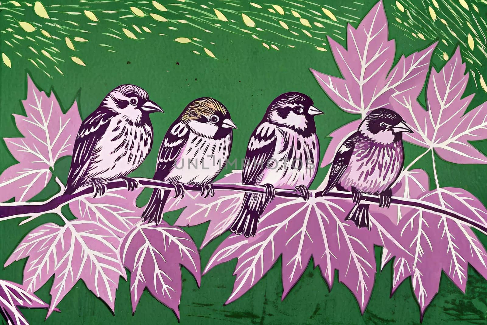 A close-up, digital illustration depicting four birds of different colors perched on a branch amidst vibrant autumn foliage. The background features a rich burgundy hue, while the leaves are a mix of warm yellows and reds. The birds are detailed with sharp lines and bright colors, adding a pop of vibrancy to the scene.