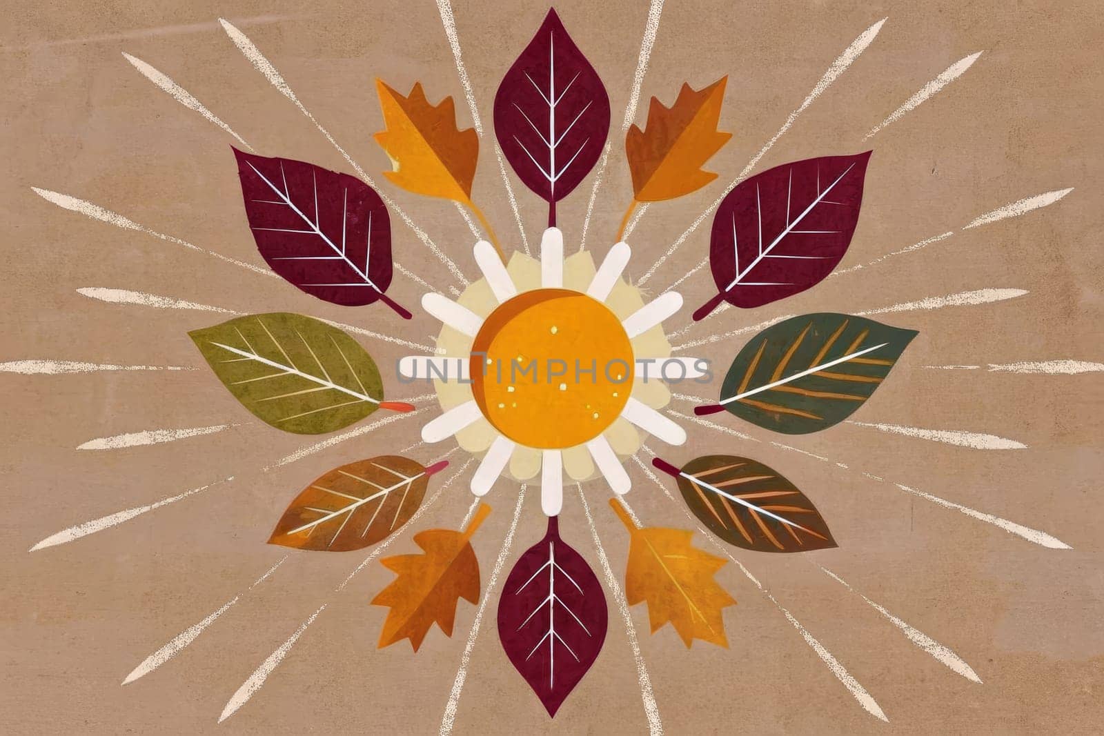 An illustration of a peace sign with an orange background. Surrounding the peace sign are black and peach leaves with a peach flower to the right. The peace sign is encircled by a peach ring with a white outline. There are radiating rays of light emanating from the center of the piece.