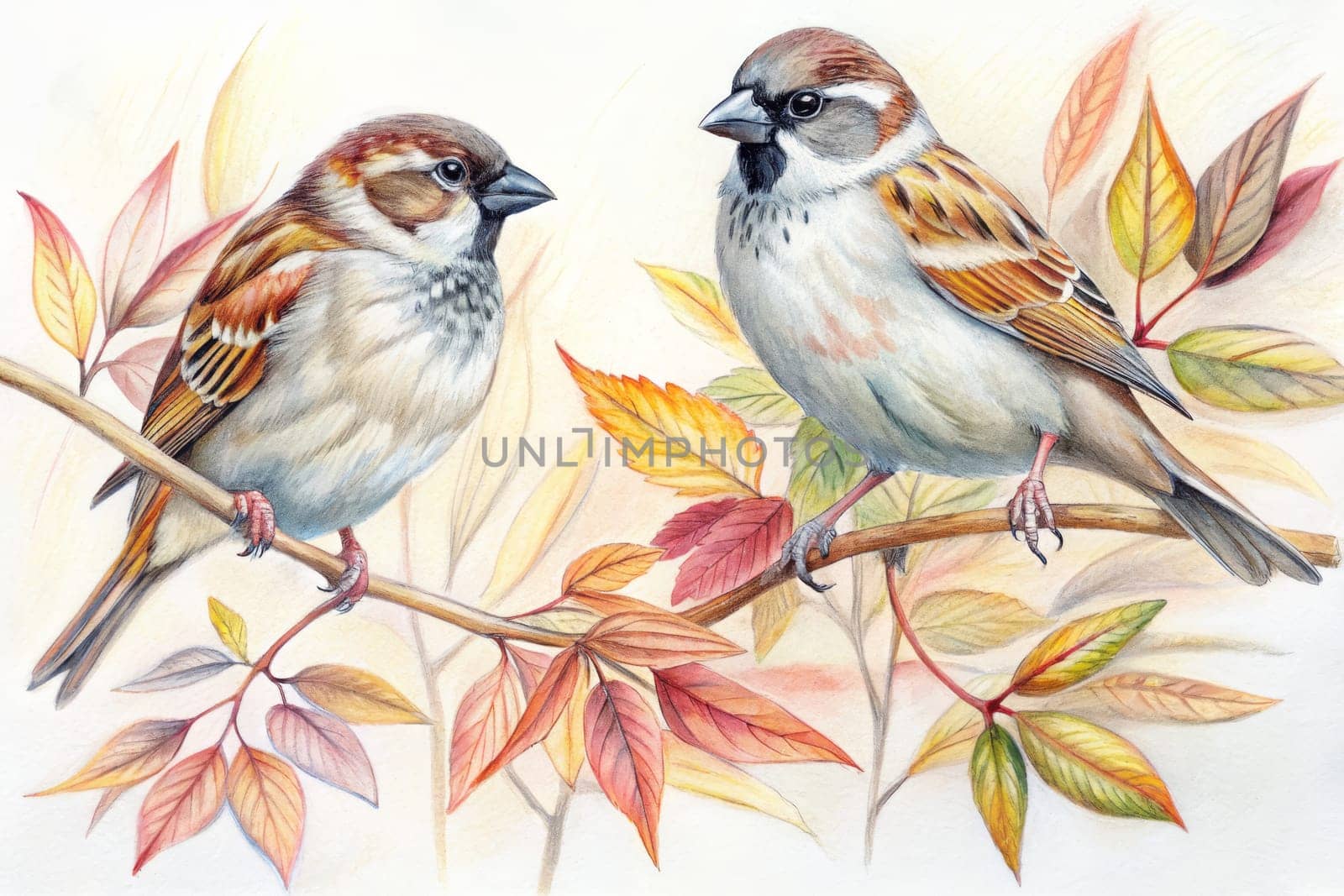 Two sparrows are perched on a branch with autumn leaves. The sparrows are facing different directions, and the leaves are a mix of yellow, orange, and red. The image is a painting, and it is very detailed.