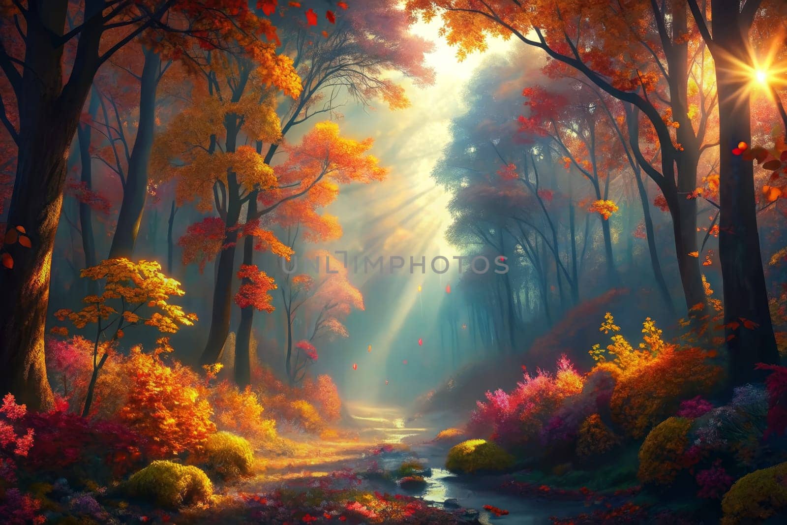 A picturesque scene of an autumn forest bathed in the golden light of the setting sun. A winding stream meanders through the foliage, reflecting the warm hues of the trees and the sky. The air is thick with mist, creating a dreamy and ethereal atmosphere.