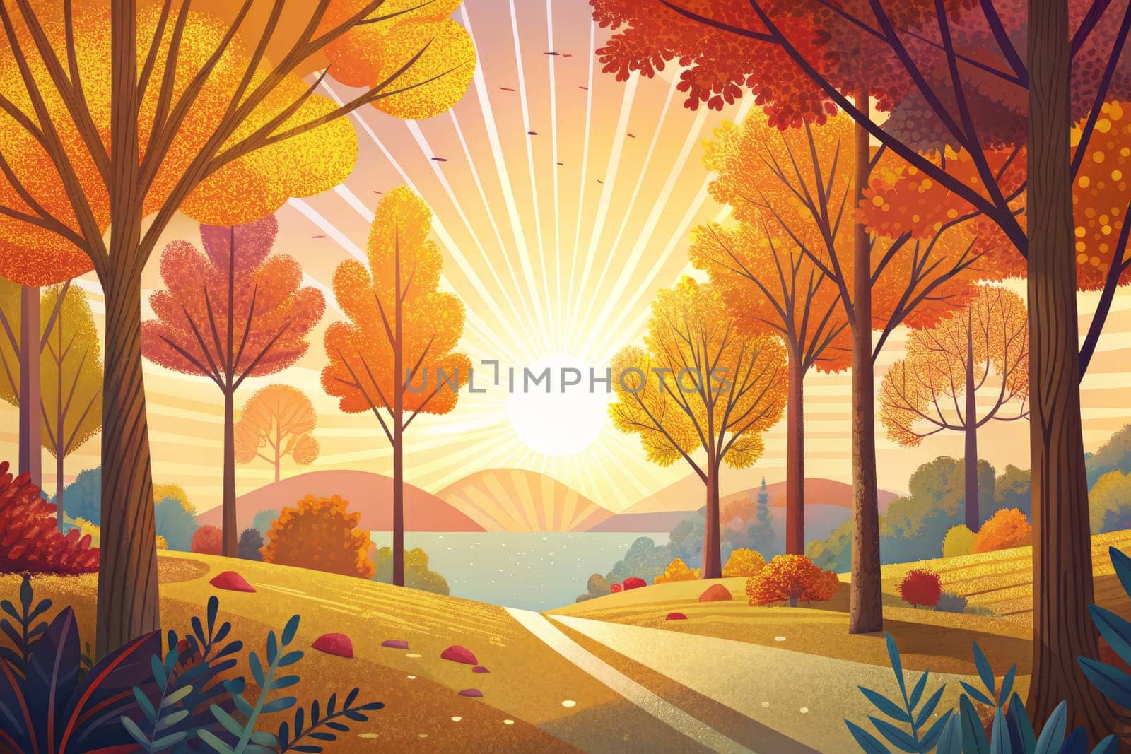 A digital illustration depicting a path winding through a forest of trees ablaze with autumn colors. The sun sets in the distance, casting a golden glow over the landscape.
