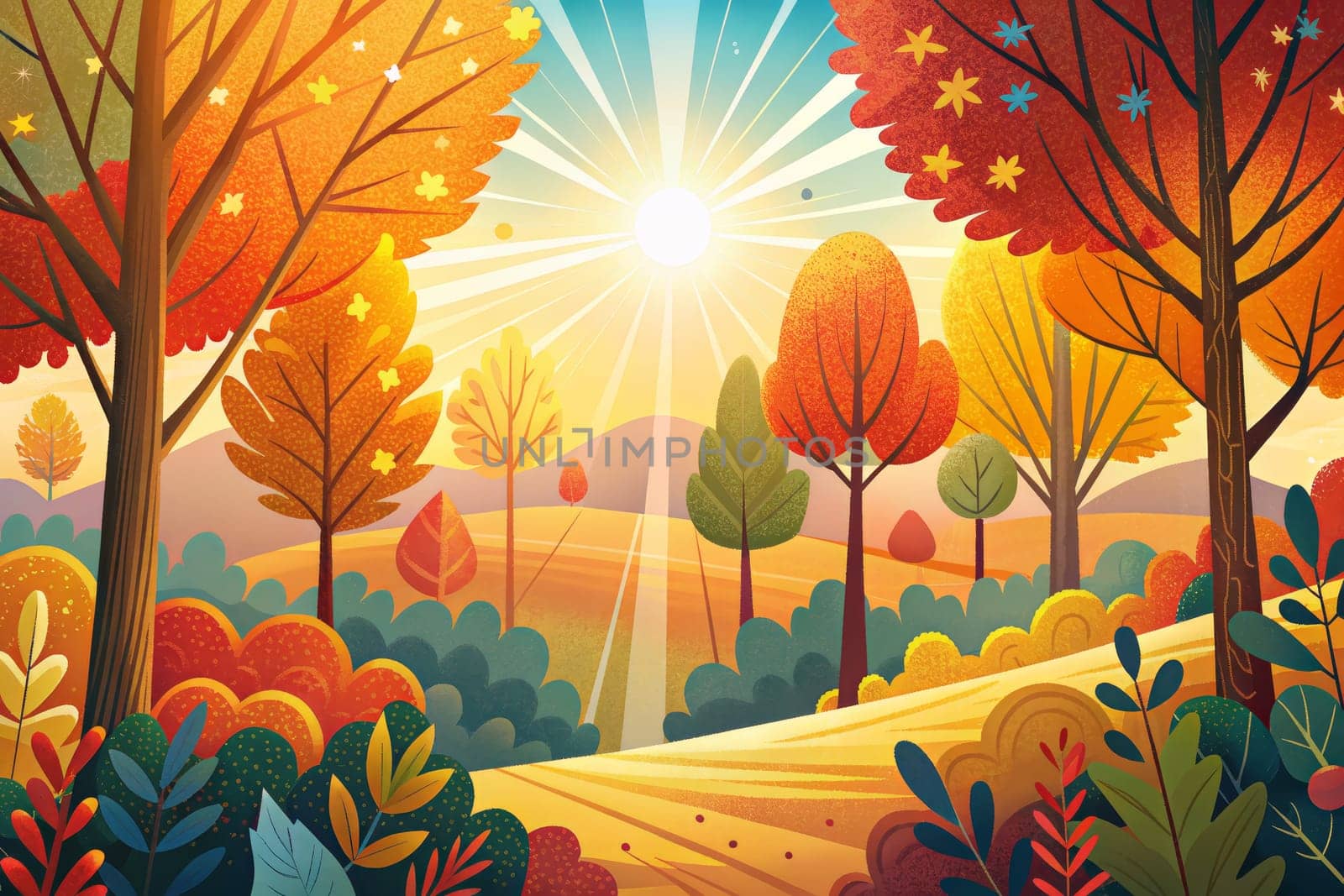 An illustration depicting a sunlit path winding through a forest of trees adorned with vibrant autumnal foliage. The sun beams brightly through the trees, casting warm light on the colorful landscape. The scene evokes a sense of peace and tranquility, inviting viewers to imagine taking a stroll through the forest on a crisp fall day.