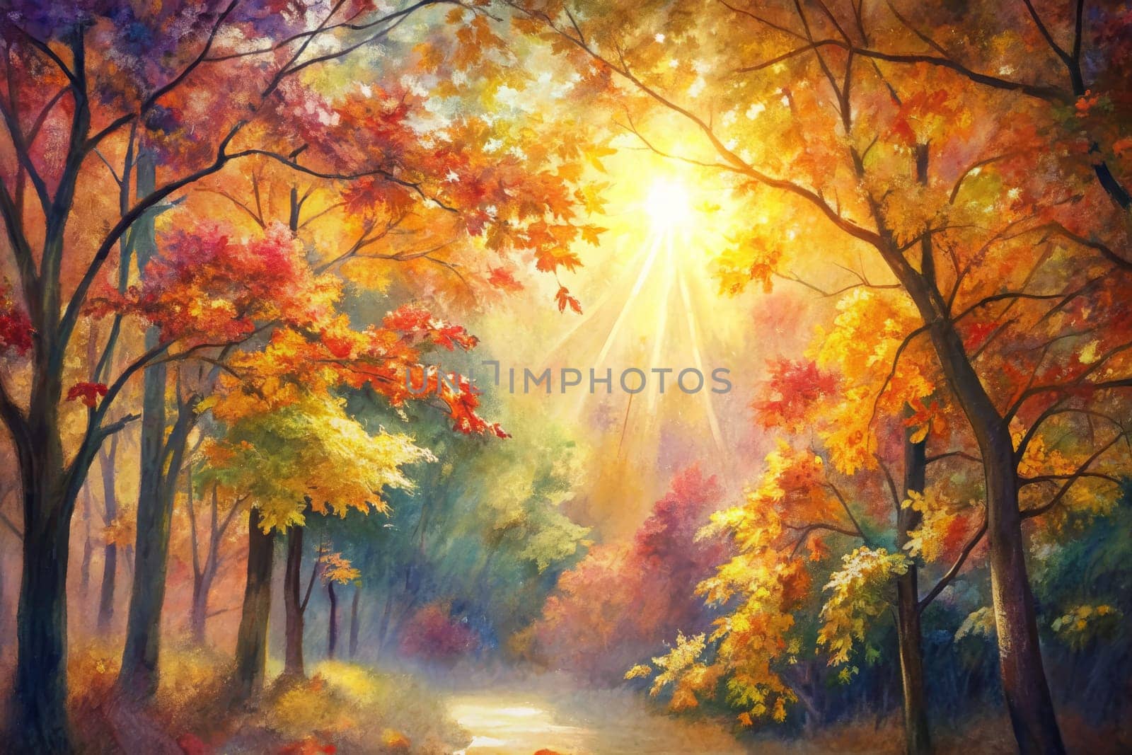 A painting depicting a sun-drenched forest path, with vibrant autumn foliage in shades of yellow, red, and orange. The light filters through the trees, casting a warm, golden glow on the ground.