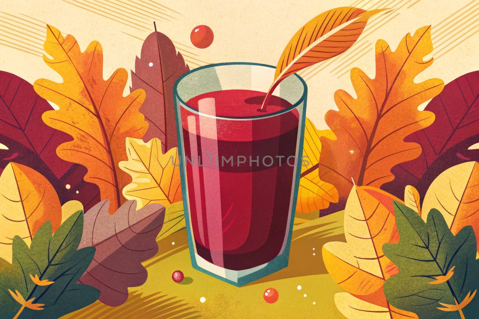 A glass of ruby red juice sits on a table surrounded by vibrant fall foliage, evoking the warm and cozy atmosphere of the season. The leaves in shades of red, yellow, and orange create a beautiful backdrop for the refreshing drink, suggesting a moment of peace and tranquility.