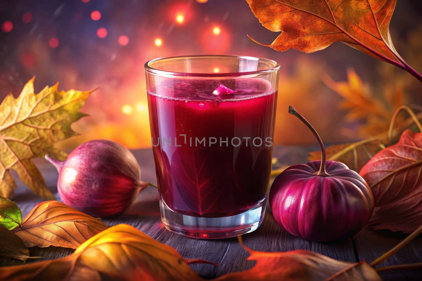 A glass of deep red liquid sits on a mossy forest floor, surrounded by vibrant autumn leaves. The drink seems to have a swirling, almost ethereal quality, suggesting a magical elixir. The falling leaves and warm light create a sense of enchantment.