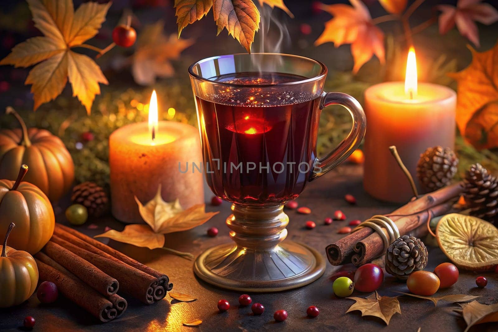 A steaming cup of mulled wine sits on a rustic table surrounded by warm candlelight, cinnamon sticks, autumn leaves, and small pumpkins. The scene evokes a sense of cozy comfort and the warmth of the season.
