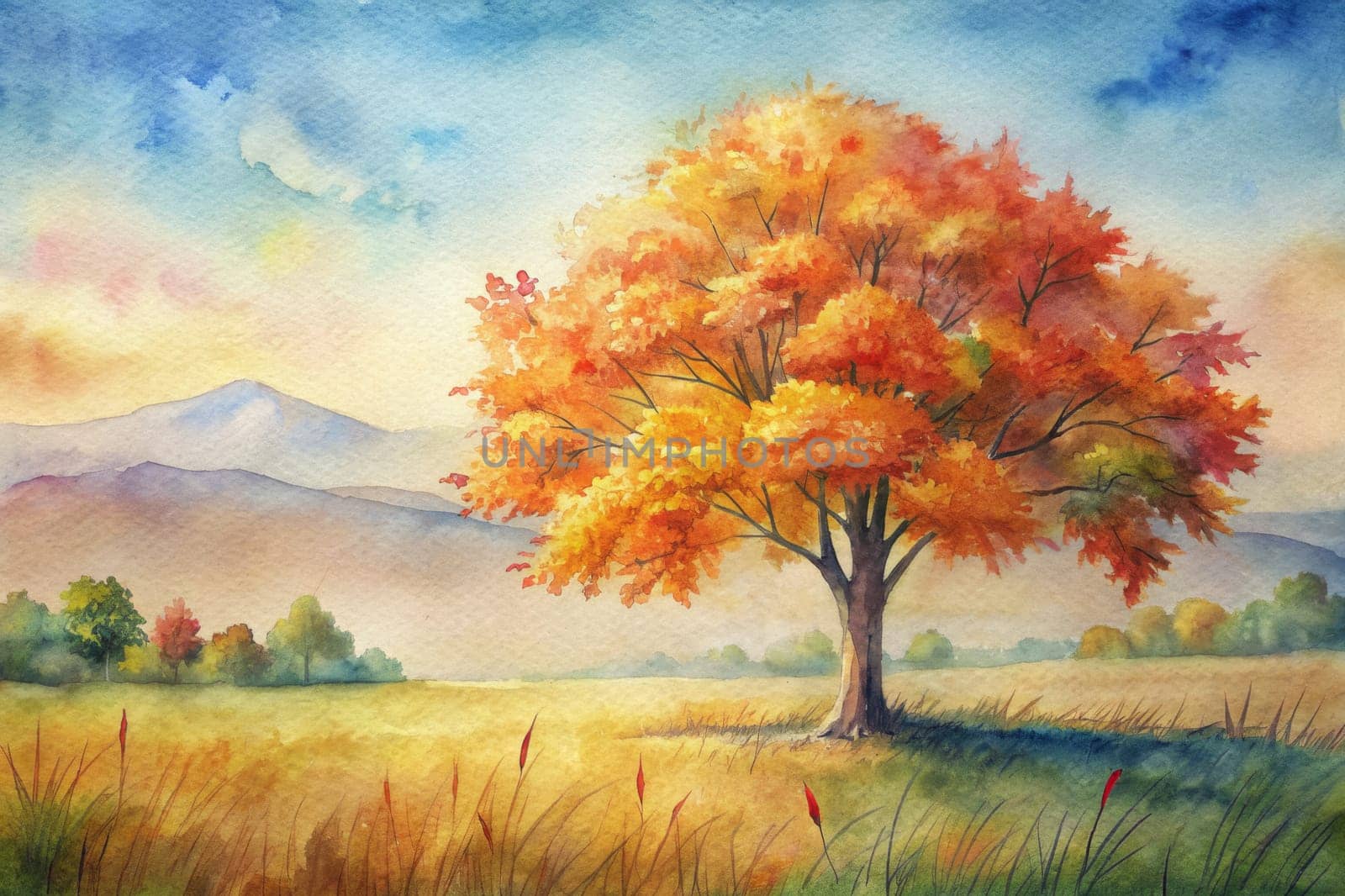 A solitary tree with vibrant orange and yellow leaves stands in a field of tall grass. The tree is in the foreground, while a distant mountain range is visible in the background. The sky is a mix of blue, white, and yellow, suggesting a beautiful sunset.