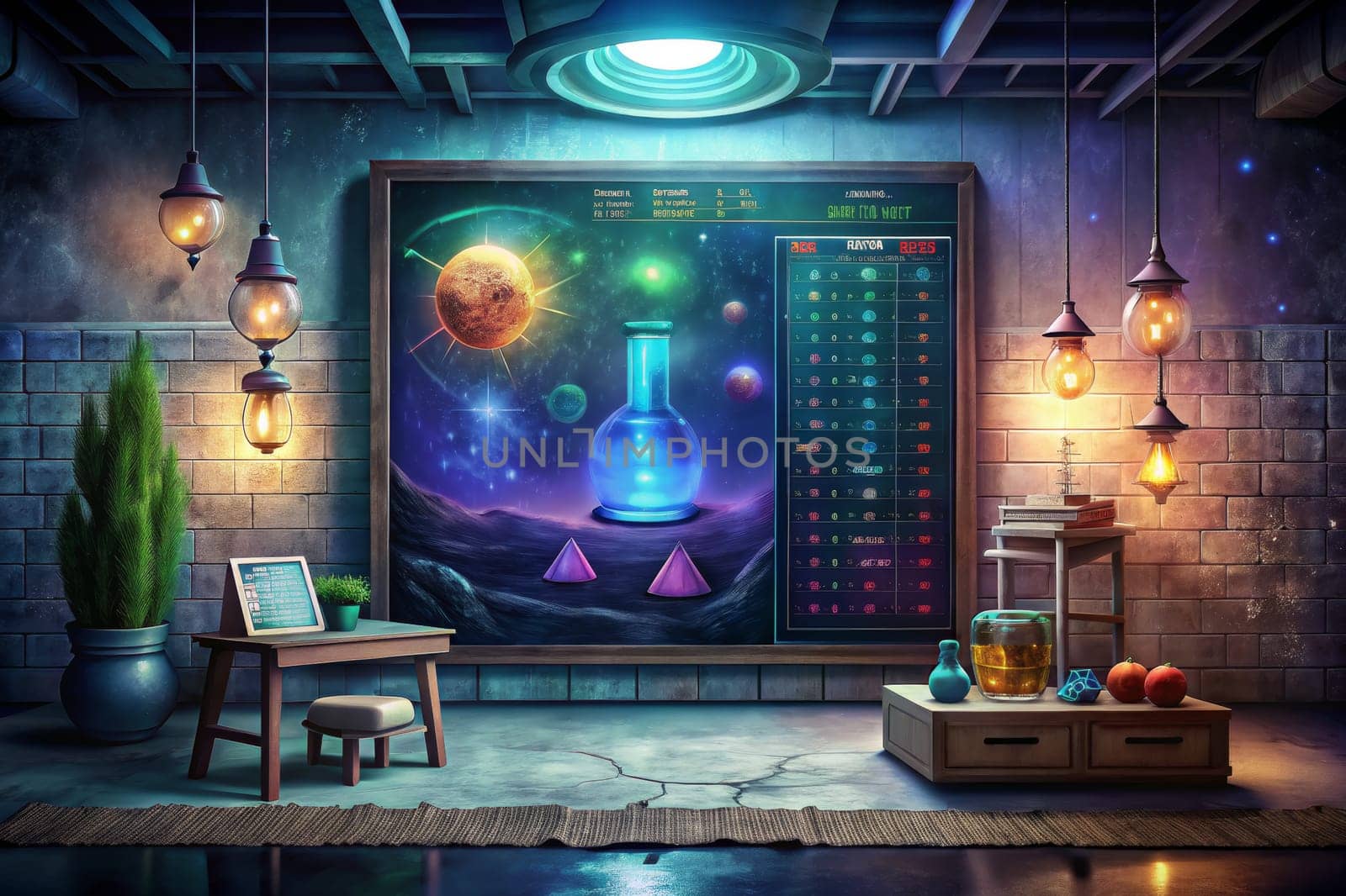 A dimly lit laboratory, with glowing hanging lights, features a large chalkboard depicting a cosmic scene with planets, stars, and a glowing blue potion. A small table and stool sit beside the chalkboard, while a table with drawers holds a collection of bottles and orbs, adding to the laboratory's mystical atmosphere.