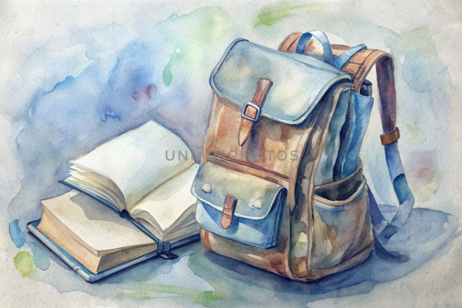 A watercolor painting depicts a still life scene featuring a brown leather backpack, a white mug, and an open book with a yellow pencil resting on top. The scene is set against a soft, blue watercolor background.
