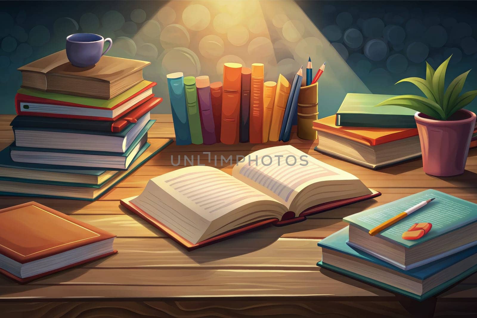 A wooden table is covered in books, with one open book resting in the center, bathed in the warm light of a lamp. Pens, pencils, and a cup are also present on the table, creating an inviting atmosphere for reading and writing.