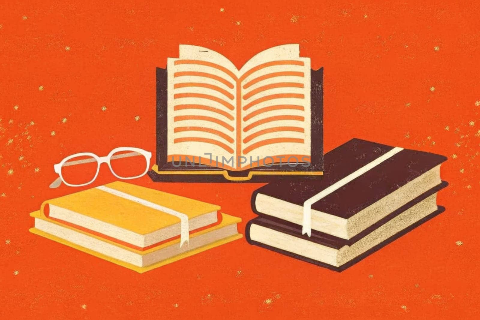 A variety of colorful hardback books are stacked on a blue mat against a pink background. There are two stacks of books, one stacked horizontally and the other vertically. The books are arranged in a way that creates a visual interest, drawing the viewer's attention to the diversity of the collection.