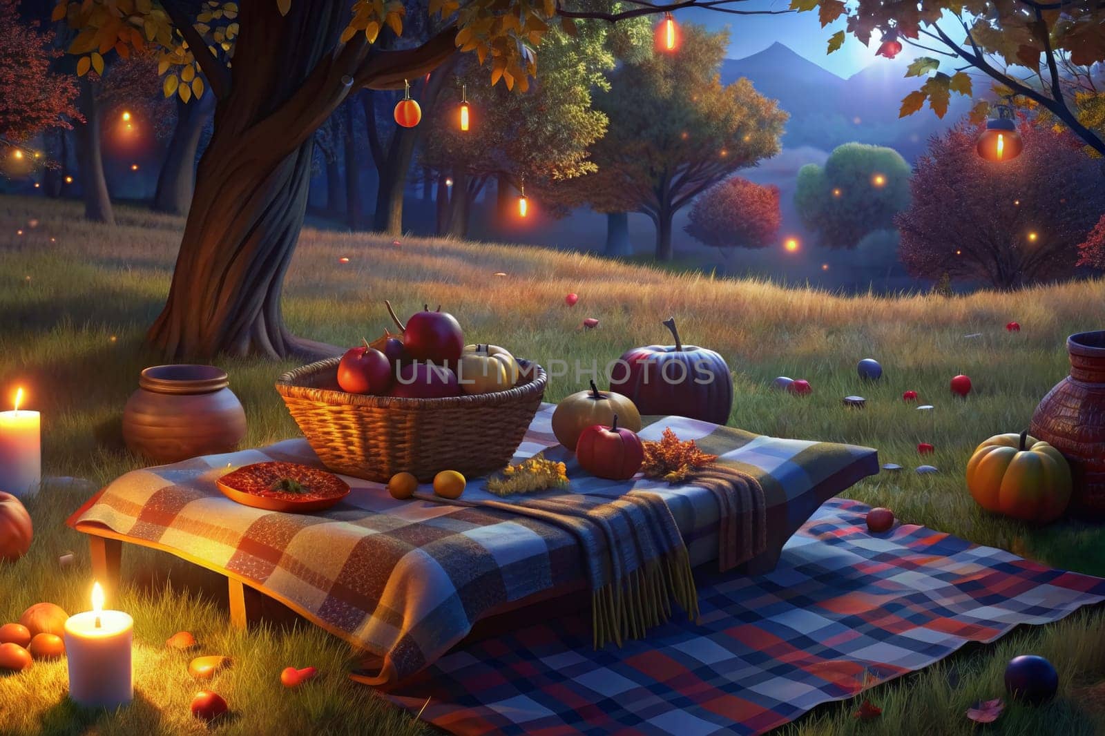 A cozy picnic blanket is spread out under the glowing light of a full moon, nestled amongst the trees and fallen leaves. A basket overflowing with fruit sits next to plates of ripe berries, offering a delightful scene of autumnal tranquility.