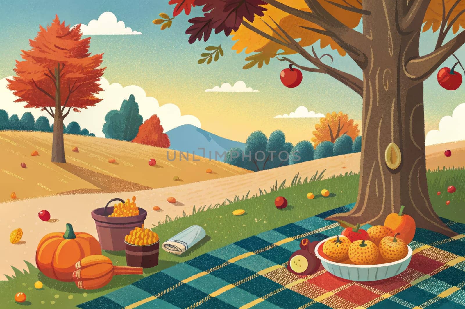 A checkered picnic blanket is spread out under the shade of a large tree, surrounded by fallen leaves and pumpkins. A bowl of bright orange fruit sits on the blanket, along with a teapot, a loaf of bread, and two buckets of corn.