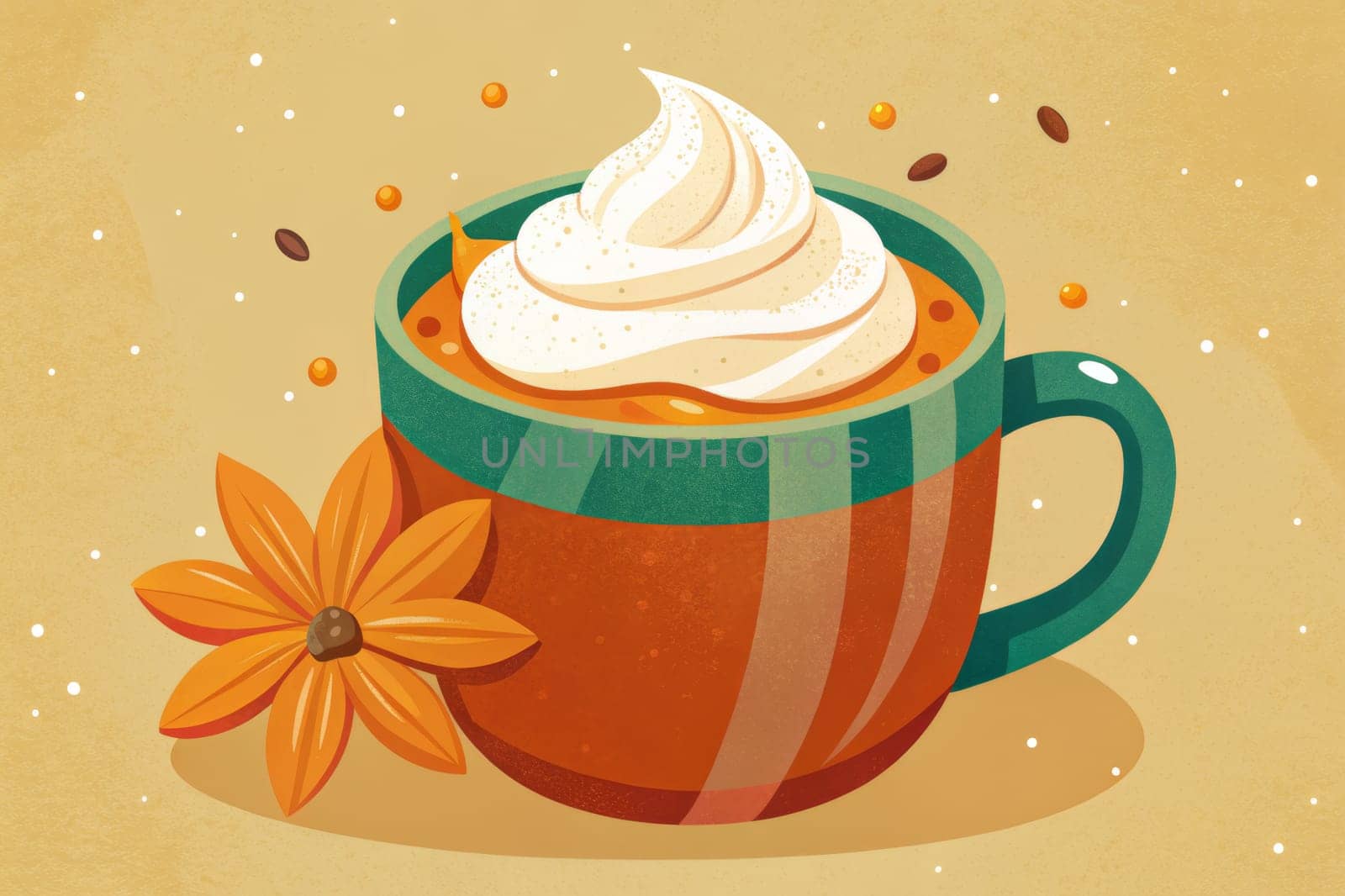A warm pumpkin spice latte with a generous dollop of whipped cream is depicted in a stylized mug, perfect for a cozy autumn day. A single orange flower rests at the base of the mug, adding to the seasonal charm.