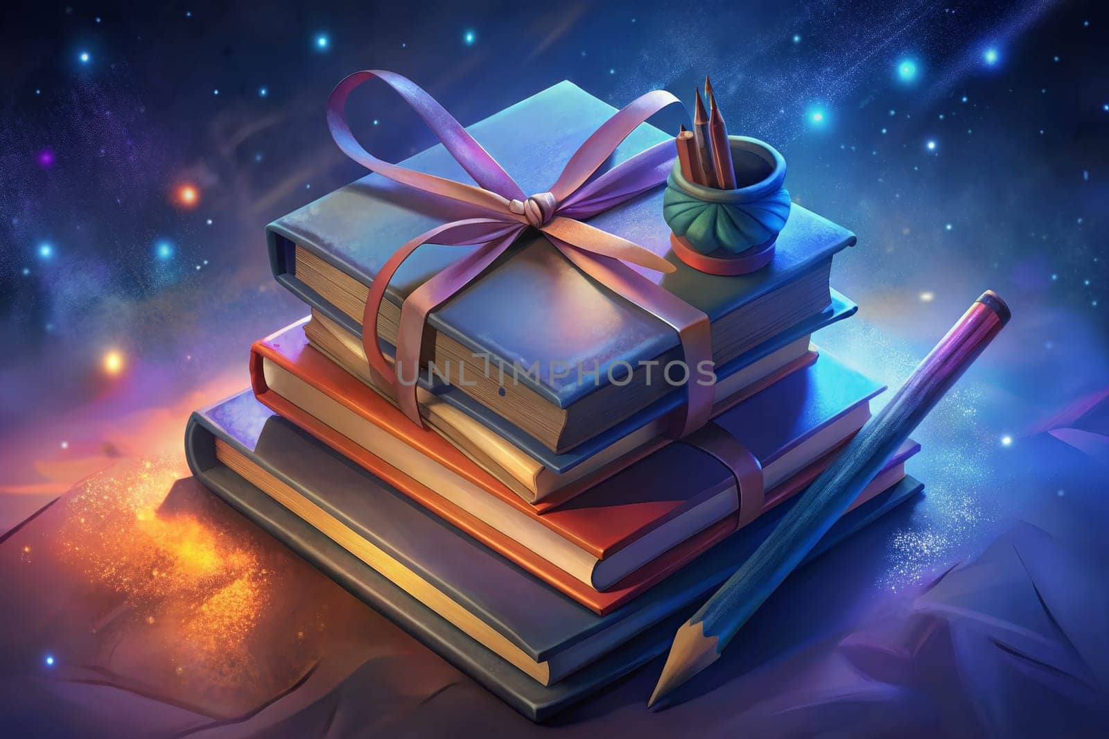 A stack of books, wrapped in a crimson ribbon and tied with a bow, sits on a wooden table. The books are illuminated by a single candle, casting a warm glow on the scene. The background is a dreamy sky with twinkling stars, creating a magical atmosphere.