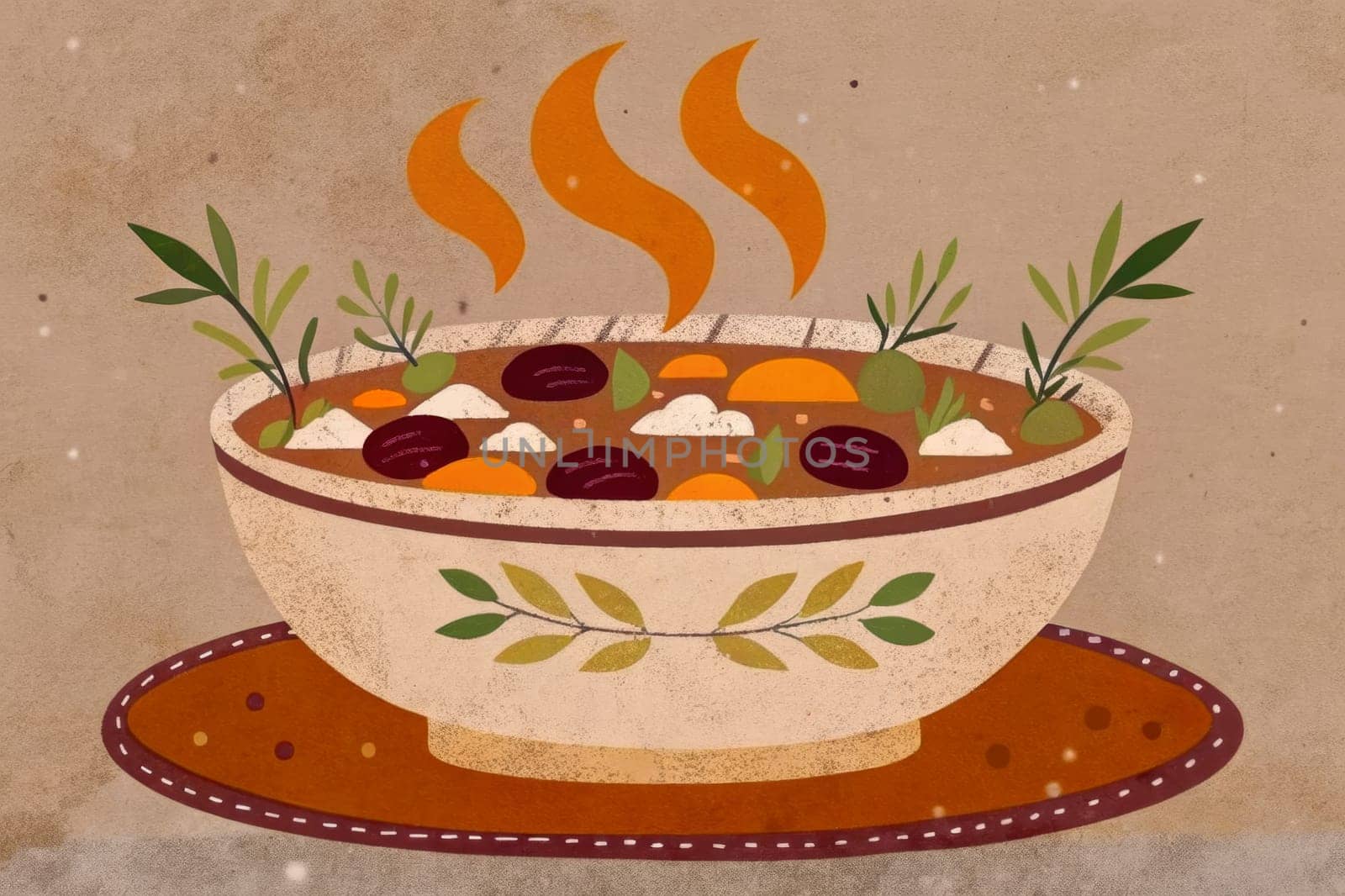 A steaming bowl of rich chocolate, topped with marshmallows and nuts, sits on a brown saucer. The bowl has a yellow and white pattern, and there are two brown leaves on either side of the bowl. The background is a vibrant red color, reminiscent of the season.