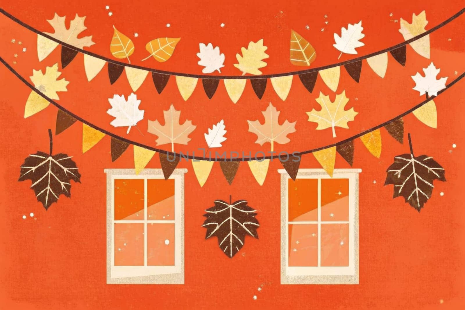 A picturesque autumn scene unfolds, featuring a quaint building adorned with a festive string of pennants. The windows are lit with warm, inviting lights that cast a soft glow on the surrounding area. As the wind gently blows, colorful leaves dance and swirl through the air, creating a breathtaking display of autumn's vibrant palette.