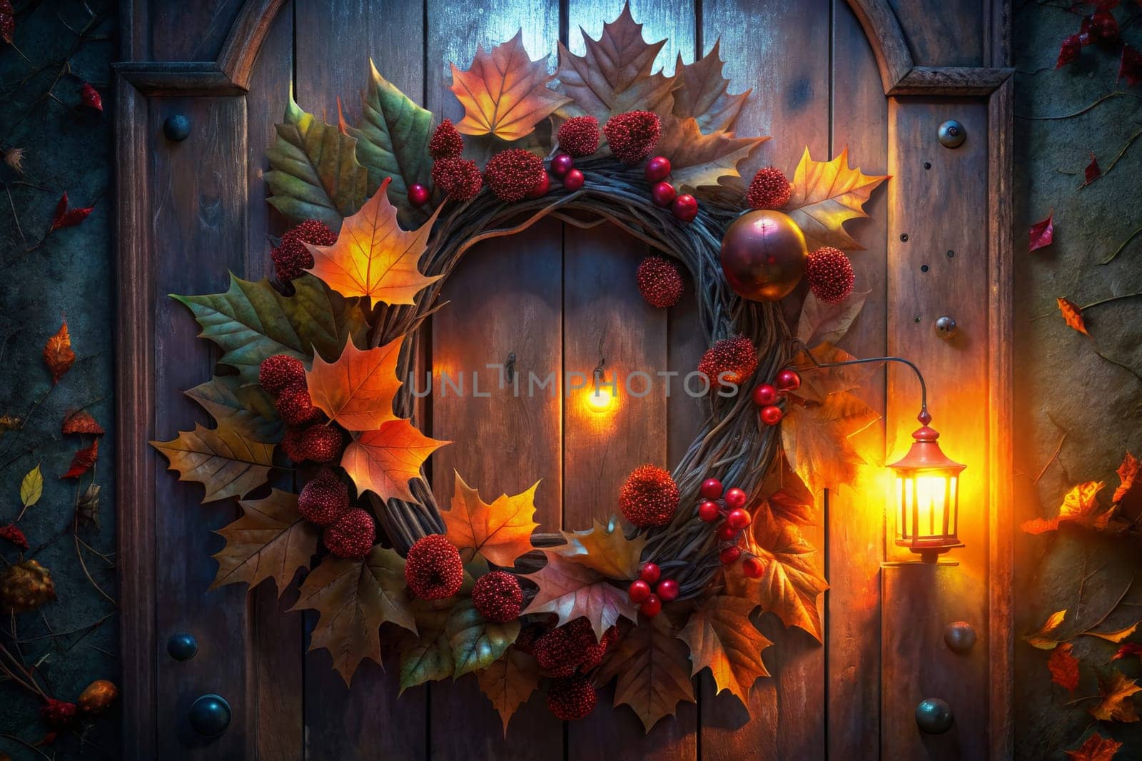 A beautifully crafted autumn wreath, composed of vibrant leaves, berries, and twigs, hangs on a weathered wooden door. A lantern, casting a warm, inviting glow, illuminates the wreath, creating a cozy and festive atmosphere.