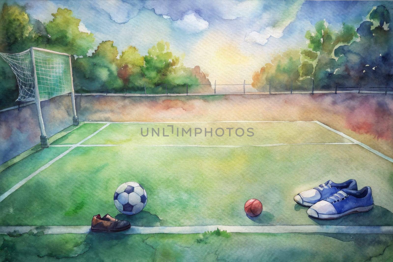 A watercolor painting depicts a soccer field with a goalpost on the left, green grass, white lines, and a single soccer ball. A pair of blue sneakers sits near a red ball in the foreground. The sun sets behind a line of trees, casting a warm glow over the scene.