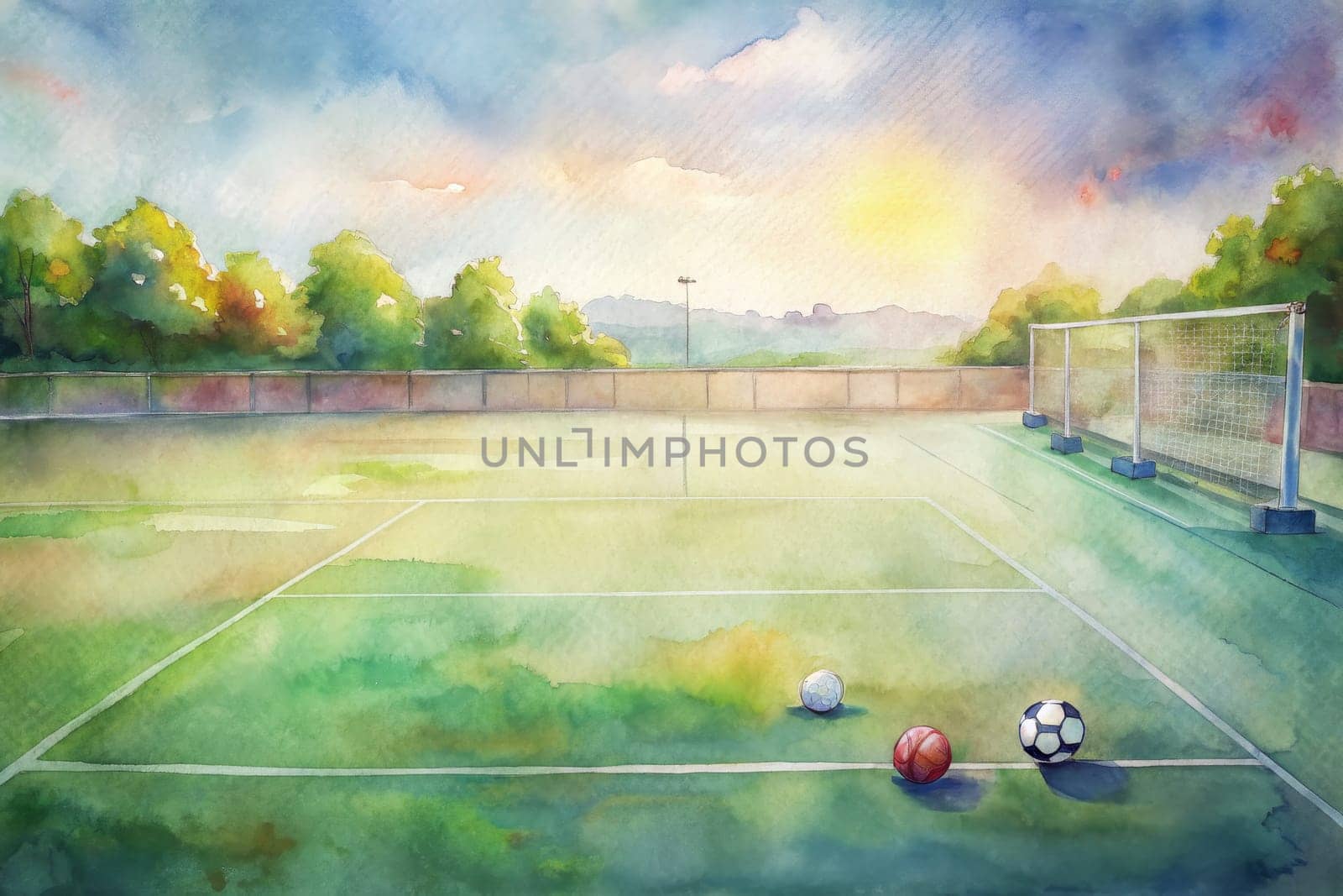 A watercolor painting depicts a soccer field with a goalpost on the left, green grass, white lines, and a single soccer ball. A pair of blue sneakers sits near a red ball in the foreground. The sun sets behind a line of trees, casting a warm glow over the scene.