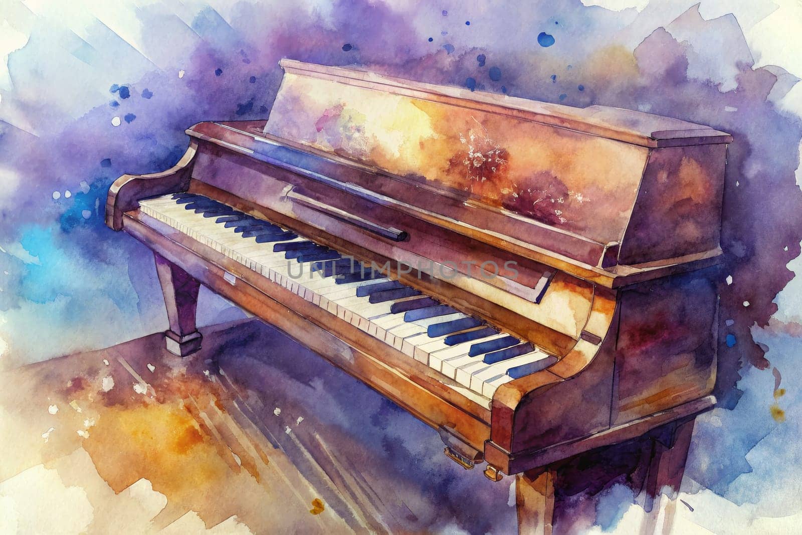 A grand piano sits on a stage under a purple and blue watercolor sky. The piano's lid is open and a few notes of music are visible on the keys. Light shines through the open lid, casting a soft glow on the instrument. The background is painted with vibrant colors, creating a sense of depth and atmosphere.