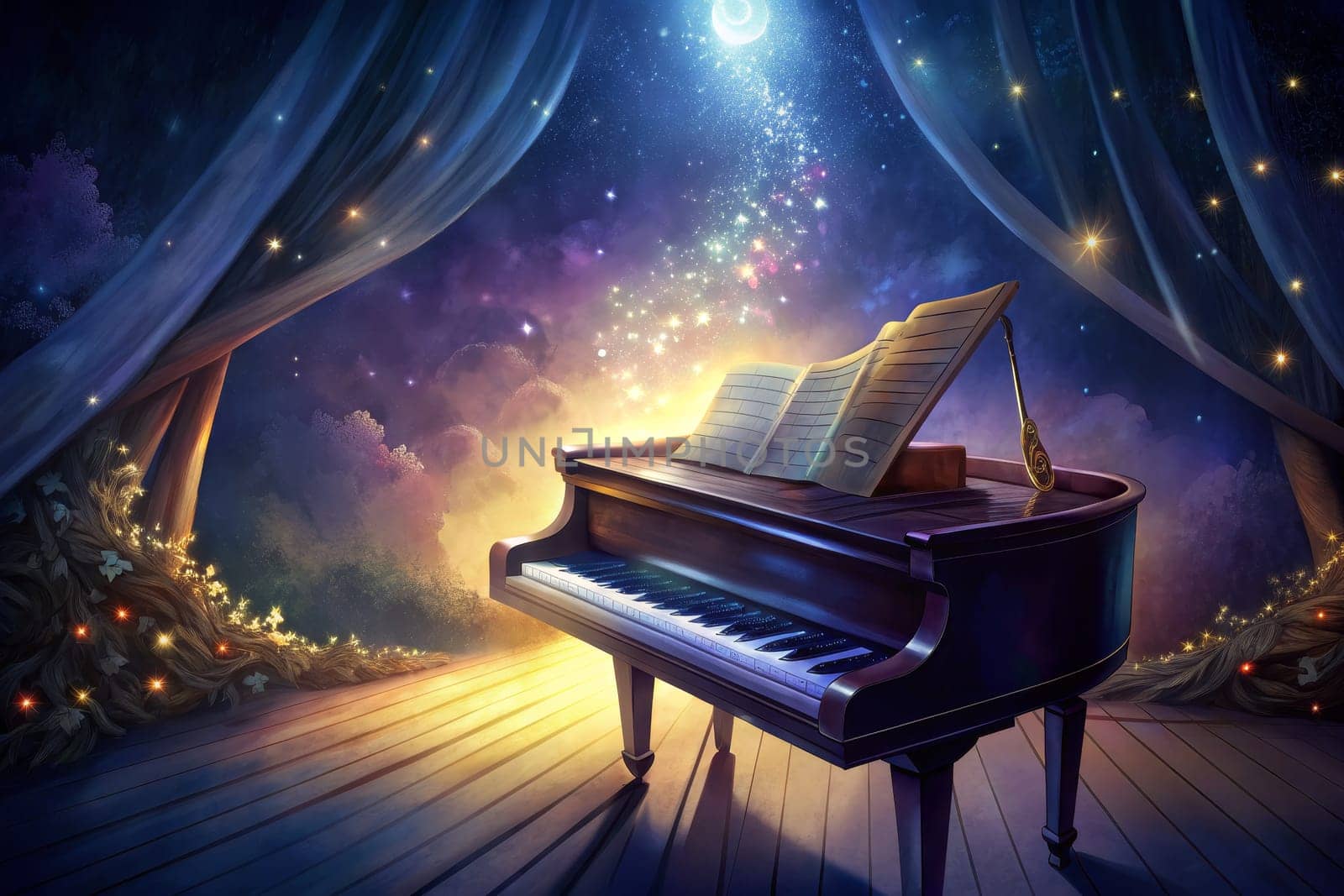 A grand piano sits on a wooden stage illuminated by warm light under a canopy of stars. The piano is open, revealing sheet music and a golden music stand. The background is a dark, starry night sky with a full moon hanging high overhead. Delicate, shimmering lights twinkle in the air, creating a magical and ethereal atmosphere.