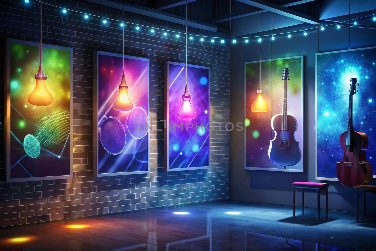 A dimly lit gallery space with brick walls features four framed artworks illuminated by hanging light bulbs. Two guitars, one silver and one brown, hang on the wall to the right, with a small stool in front of them. The artwork features abstract designs in vibrant hues of blue, green, purple, and pink.