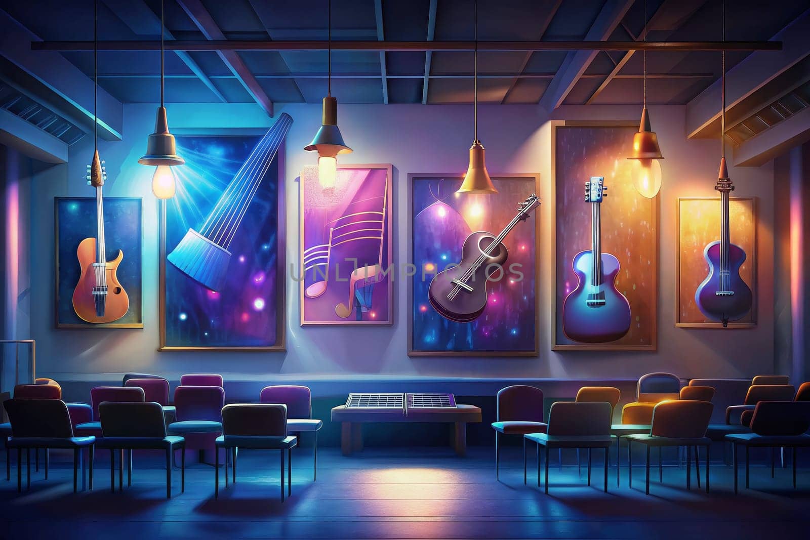A dimly lit gallery space with brick walls features four framed artworks illuminated by hanging light bulbs. Two guitars, one silver and one brown, hang on the wall to the right, with a small stool in front of them. The artwork features abstract designs in vibrant hues of blue, green, purple, and pink.