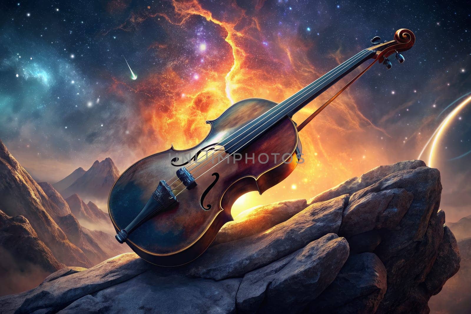 A weathered violin lies nestled amidst craggy rocks, its rich brown wood contrasting with the celestial backdrop. A distant, glowing planet hangs in the star-dusted sky, its fiery hues mirroring the passion of the instrument.