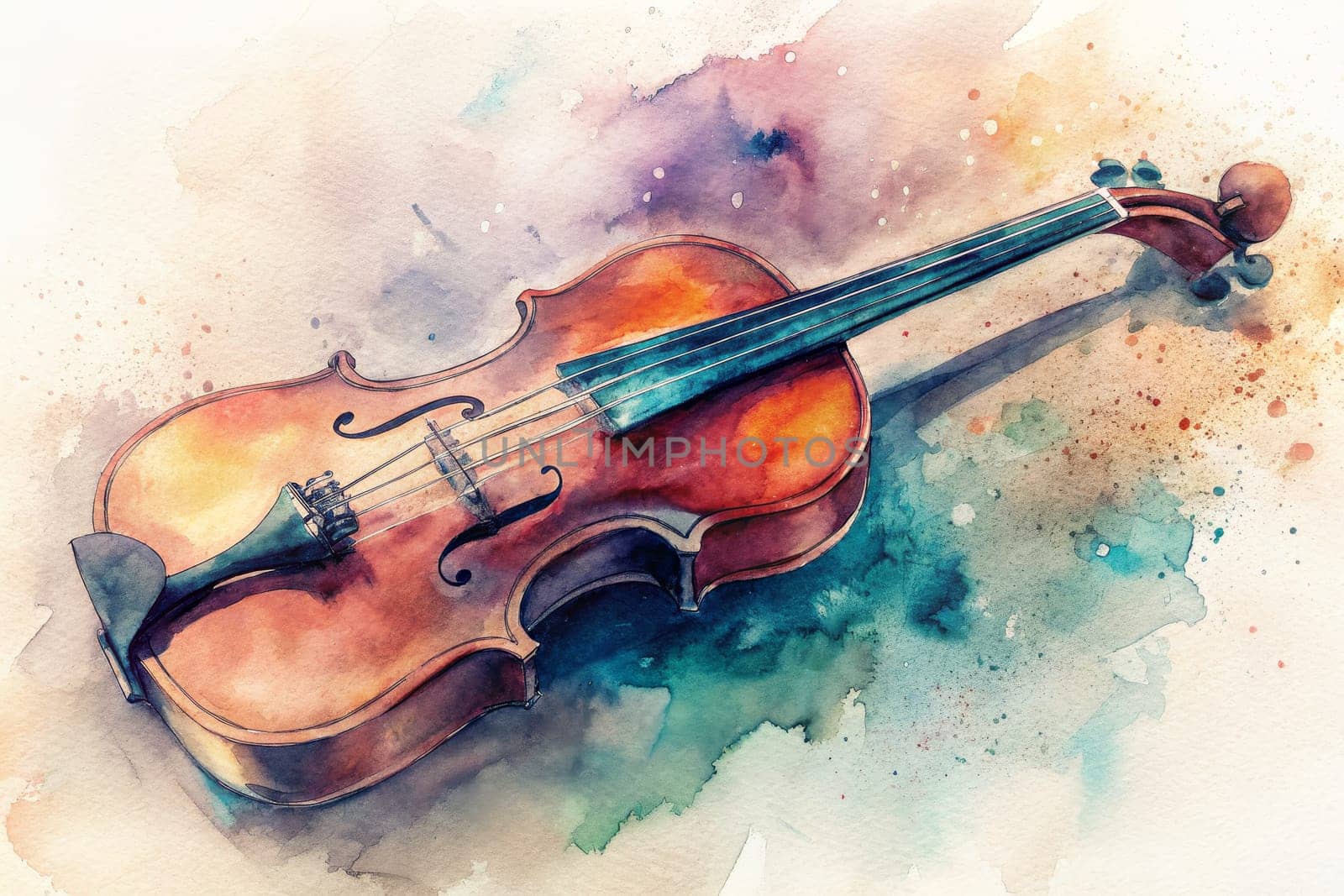 A violin painted in watercolor rests gently on a canvas, surrounded by splashes of vibrant colors that evoke a sense of artistic expression and musical inspiration.