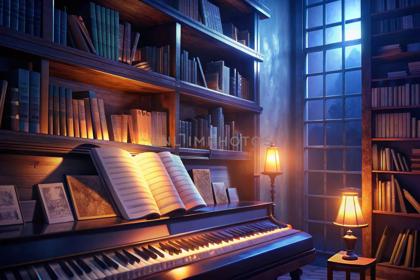 A grand piano sits open in a dimly lit room, illuminated by candlelight. The room is lined with bookshelves overflowing with volumes, hinting at a love of literature and music. A single open book rests on the piano, suggesting a composer's inspiration. The moon shines through a window, casting an ethereal glow on the scene.