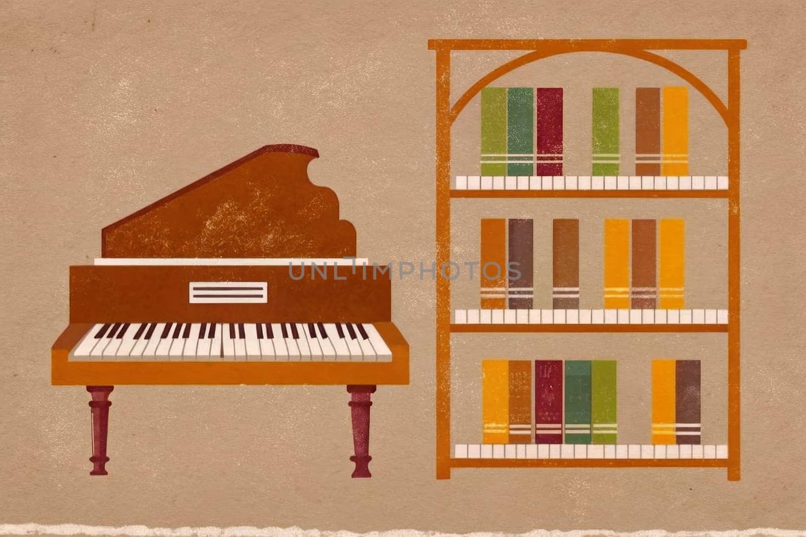 A black grand piano sits on a small platform with two books on either side. Behind the piano is a stack of books, all with beige and pink covers, stacked neatly on top of each other. The entire scene is set against a bright orange background, creating a vibrant and modern aesthetic.