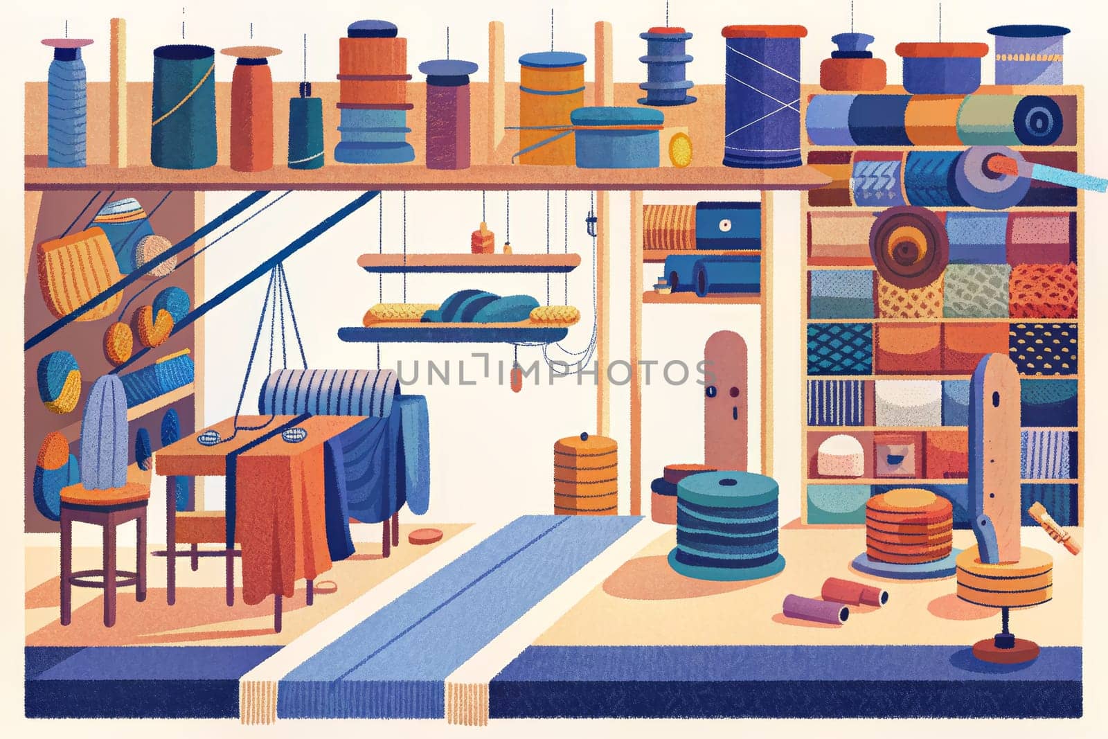 A textile workshop, filled with an abundance of colorful threads and yarns, is a hive of activity. Spool upon spool of colorful materials are organized on shelves and tables, while a large loom stands ready for weaving intricate patterns. A worker sits at a table, carefully threading a needle. The scene is vibrant and full of creative energy, showcasing the artistry and craftsmanship involved in textile production.