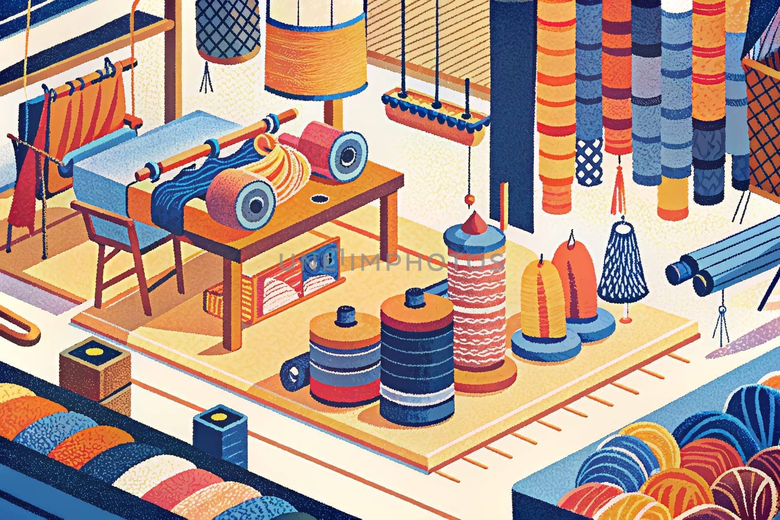 A textile workshop, filled with an abundance of colorful threads and yarns, is a hive of activity. Spool upon spool of colorful materials are organized on shelves and tables, while a large loom stands ready for weaving intricate patterns. A worker sits at a table, carefully threading a needle. The scene is vibrant and full of creative energy, showcasing the artistry and craftsmanship involved in textile production.