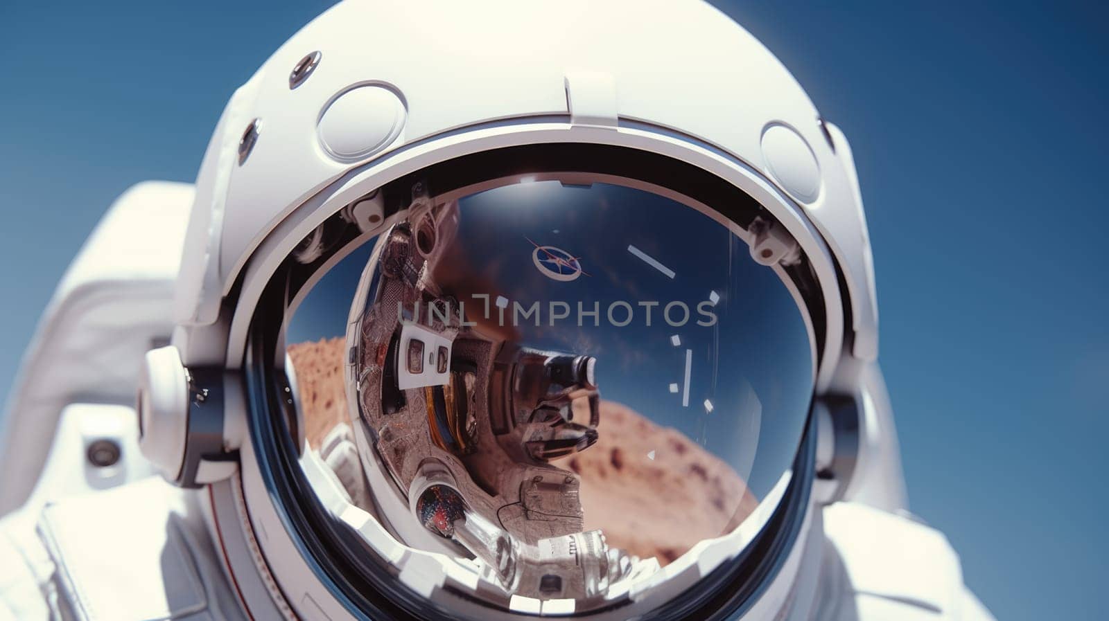 Astronaut helmet with the reflection of the planet Earth and stars in the visor.