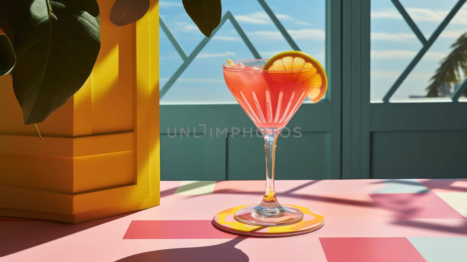 Pink Martini Cocktail with Orange Slice on Pink and Blue Background for Elegant Events.