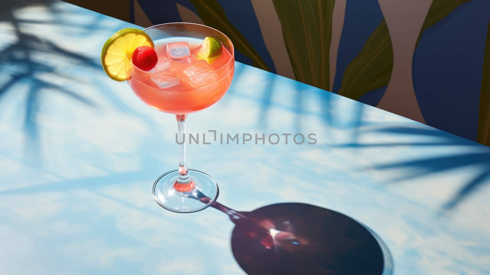 Refreshing pink cocktail drink with lime and cherry on blue table with shadows.