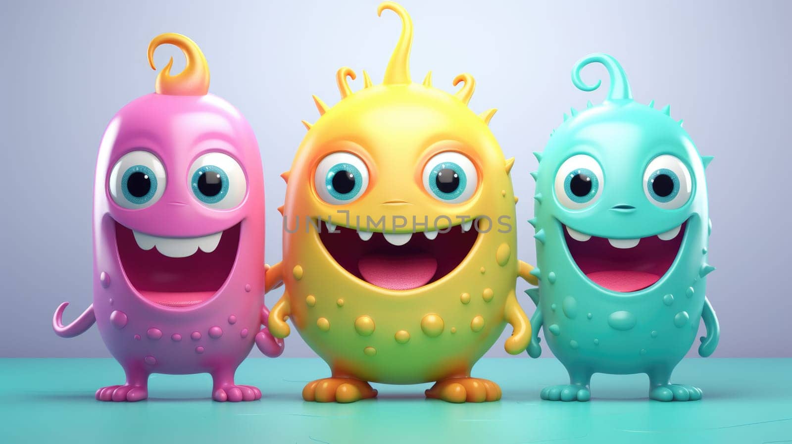 Three cute and colorful cartoon monsters with big eyes, perfect for kids storybooks.