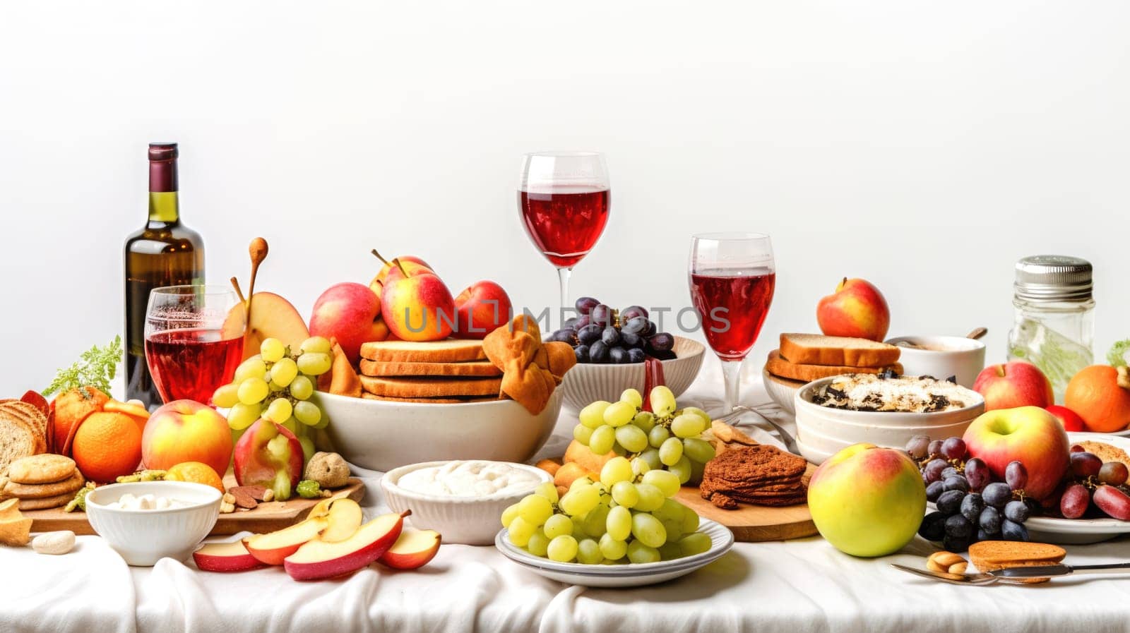 Fruits, Pastries, and Wine on Table by Window with White Wall and Curtain Background for the celebration of Jewish New Year Rosh Hashanah.