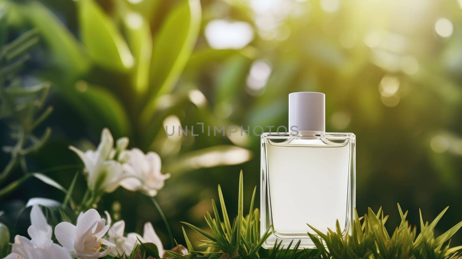 Transparent white glass perfume bottle mockup with plants on background. Eau de toilette. Mockup, spring flat lay
