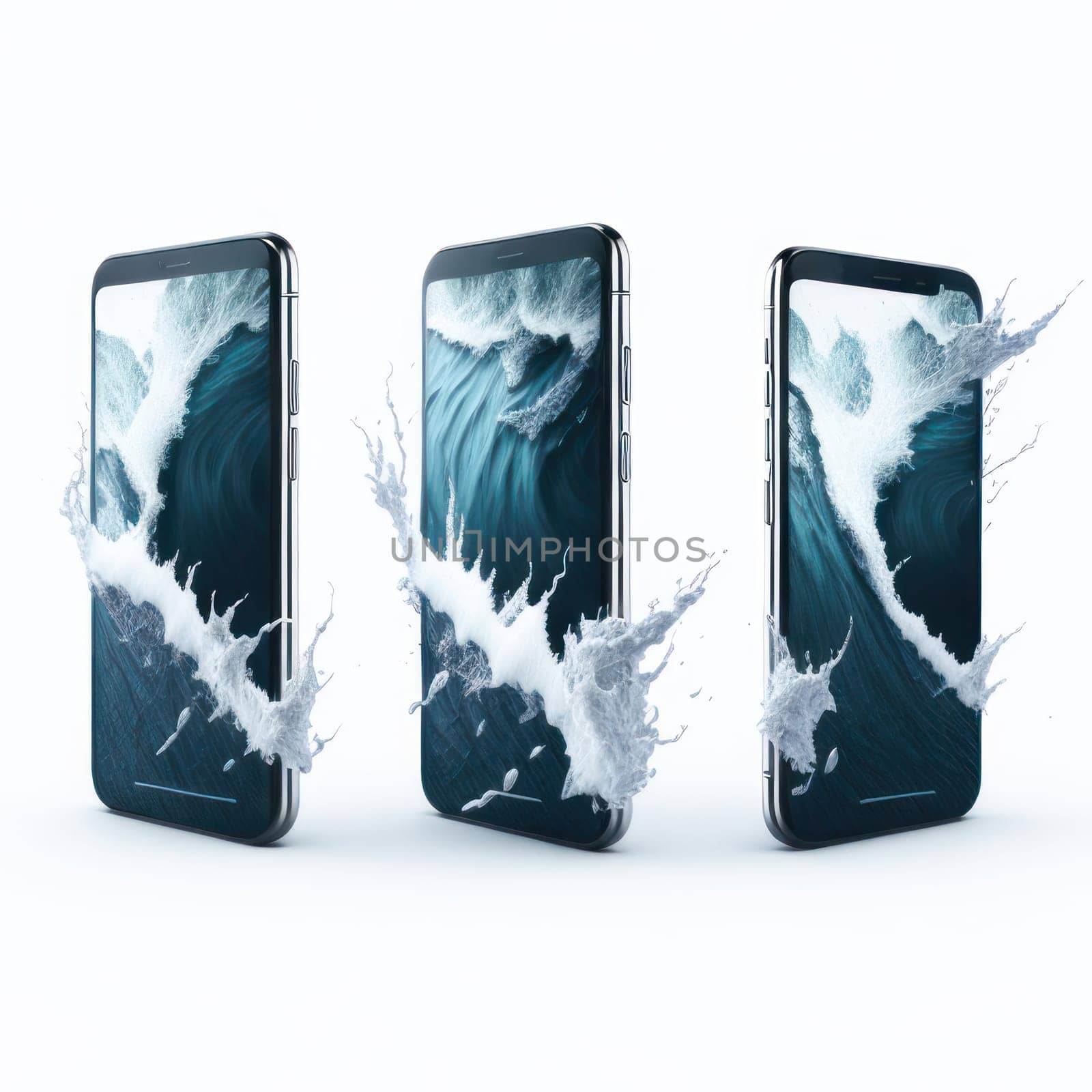 Realistic smartphones with water splashes from screen mockup on white background. Mobile phone template. Space for text