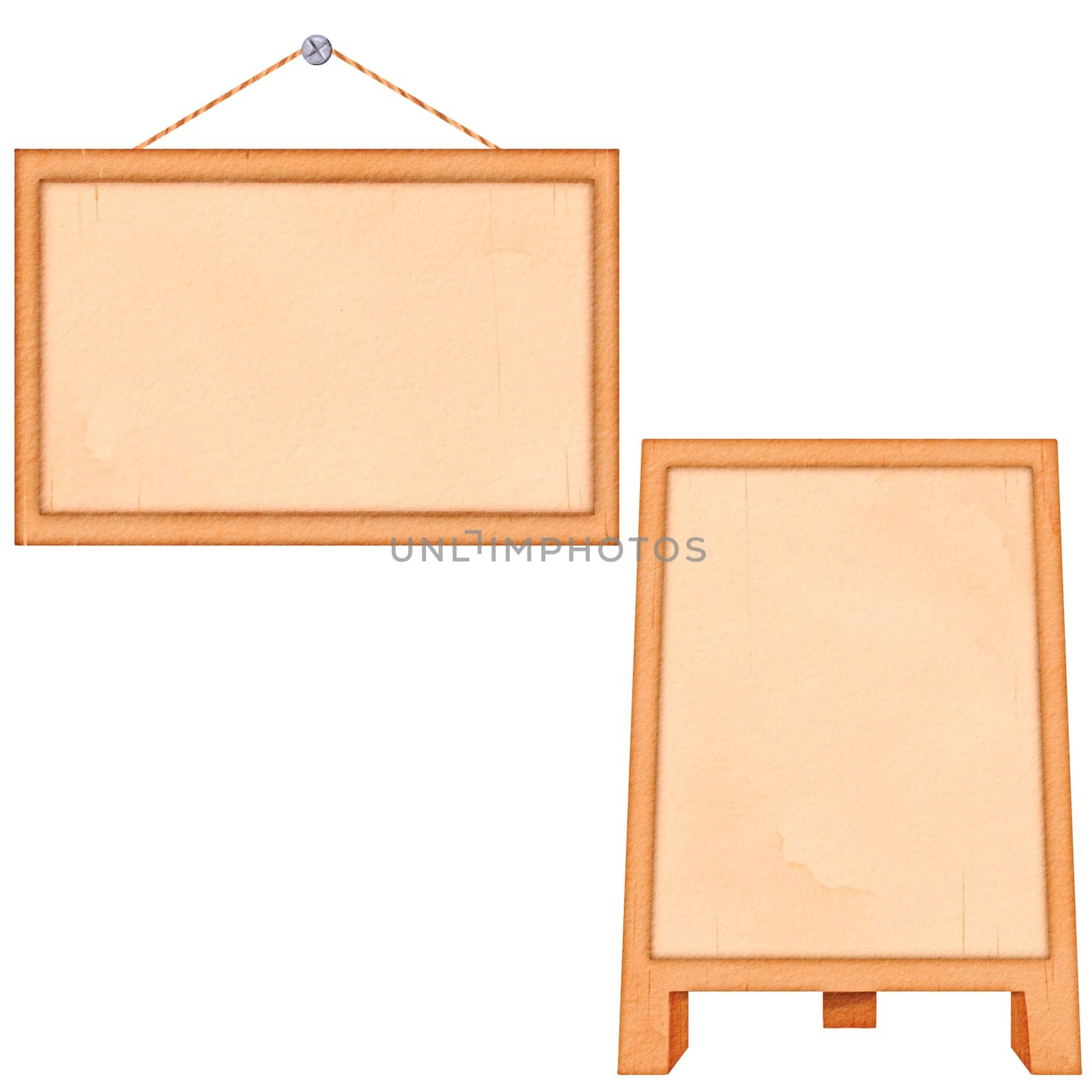 Blank wooden signboards for business advertisements, announcements, or menu displays in a cafe or retail store.