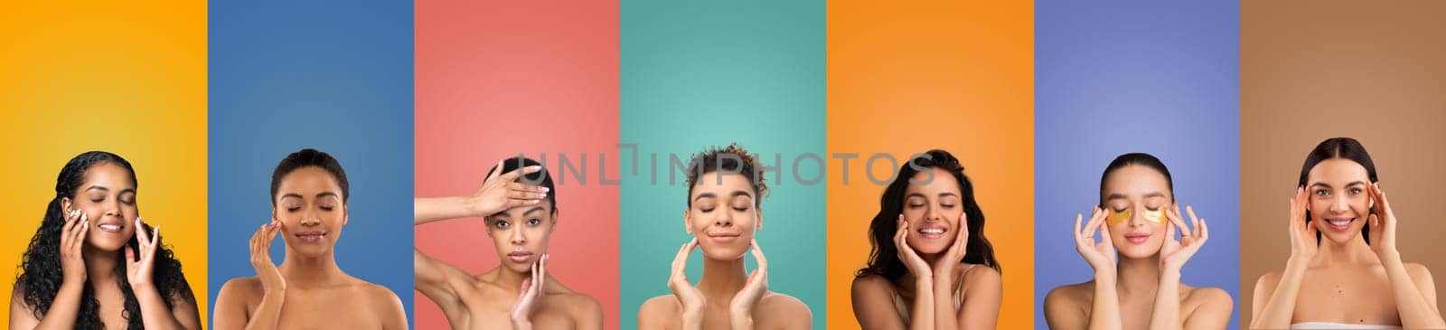 Seven women are applying golden eye patches to their skin, each in front of a different color background. They appear to be wearing no makeup and have a natural, glowing complexion.