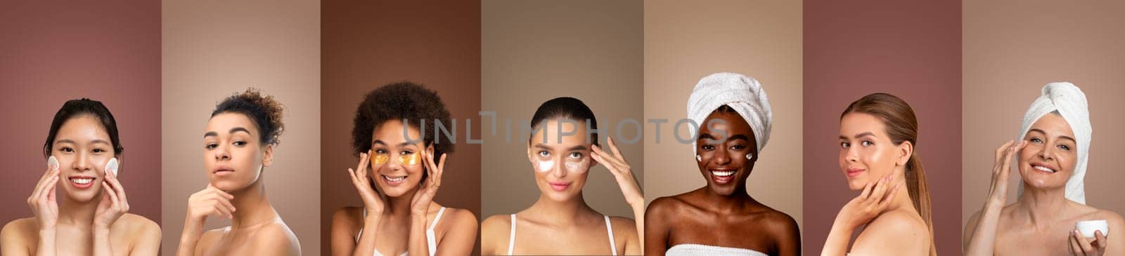 Seven multiethnic young women are seen applying eye patches and face cream. The women are all wearing towels or are topless, and they are smiling as they apply their products.
