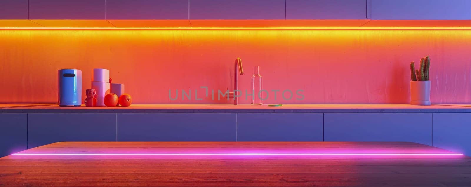 Stylish cozy kitchen with warm lighting, wooden table, and space for decorative objects.