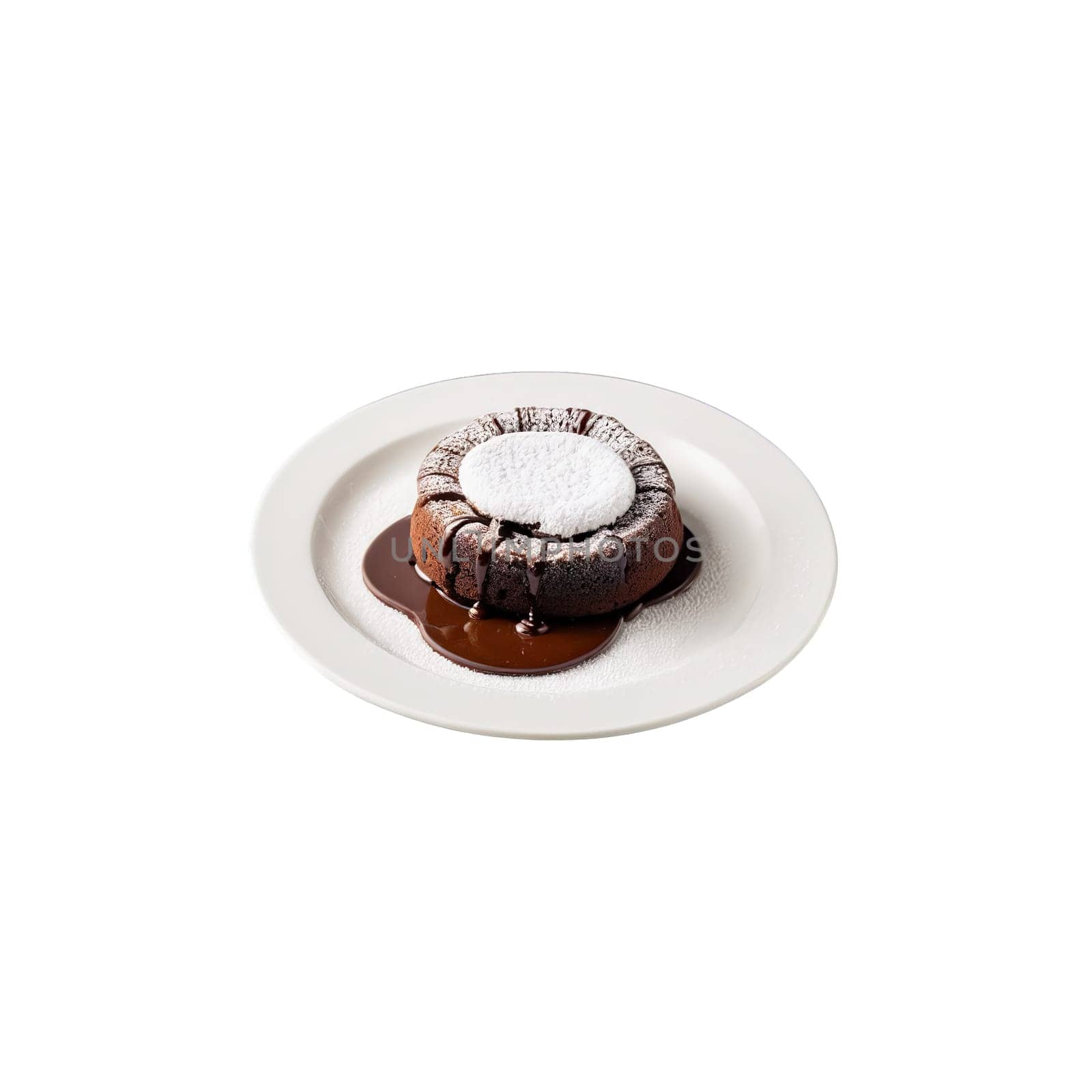 Chocolate lava cake with molten chocolate center dusted with powdered sugar served on a white. close-up cake, isolated on transparent background